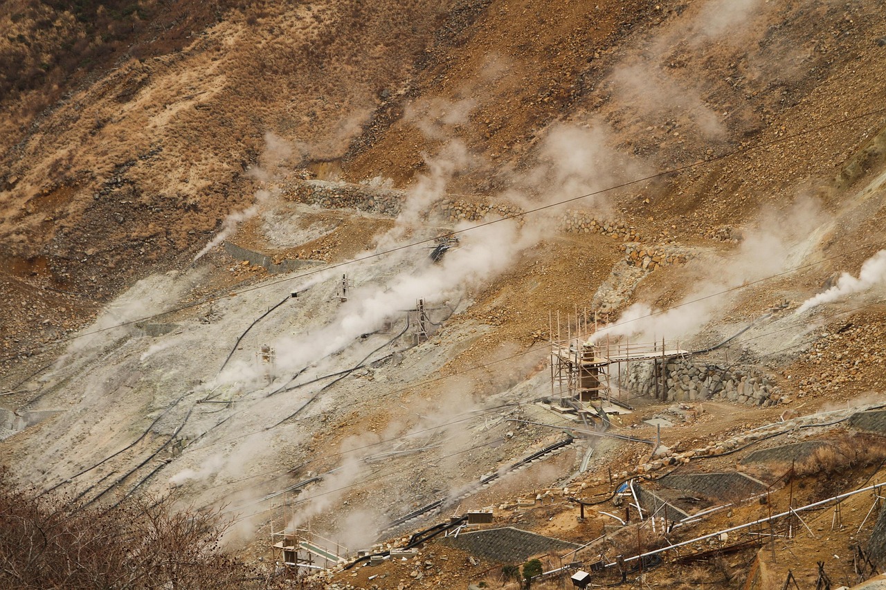 Steam rising from the volcanic vents of Owakudani in Hakone