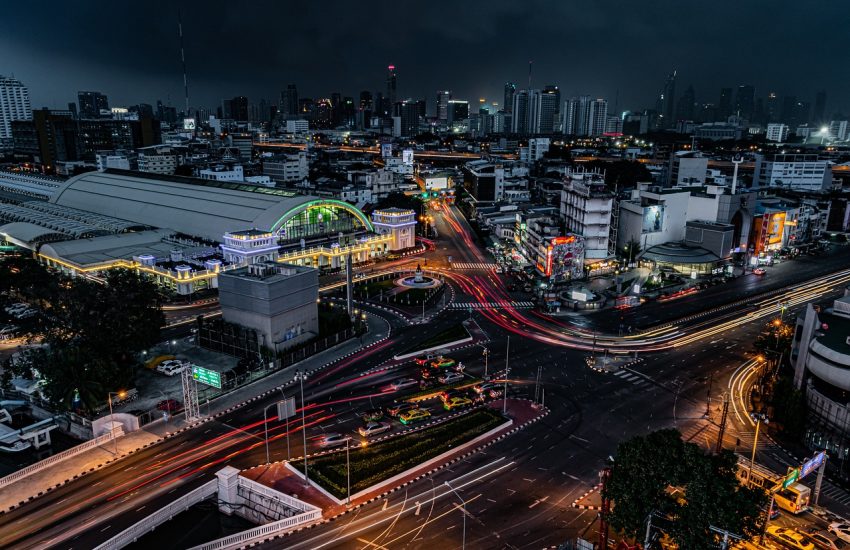 Bangkok city skyline lit up at night