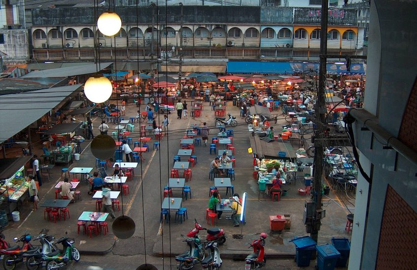 Night market crowd in Thailand after dark