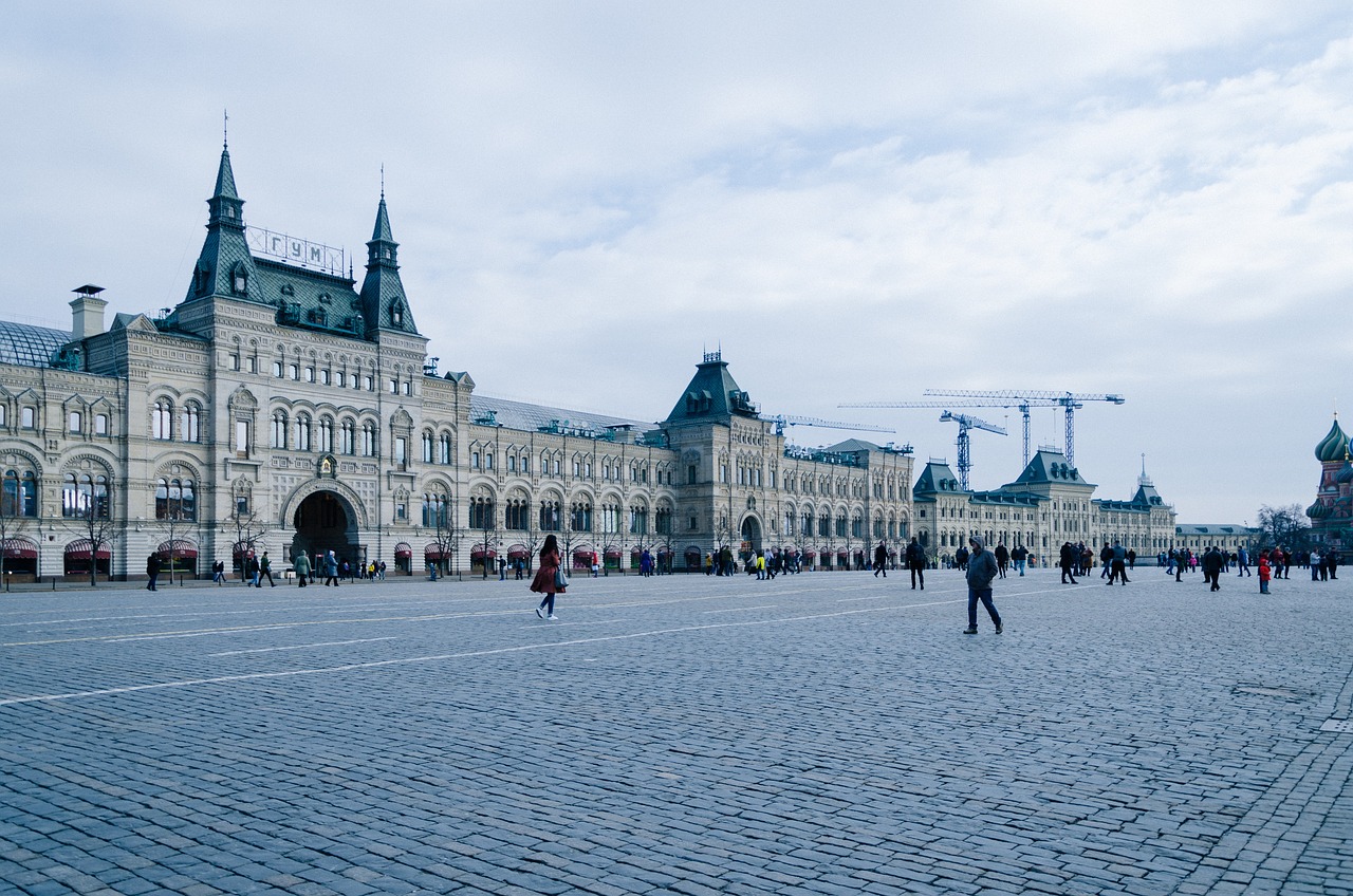 The historic GUM department store facade on Red Square, Moscow