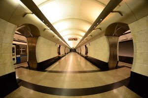 Ornate station hall of the Moscow Metro, Russia