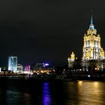Moscow city skyline and skyscrapers lit up at night