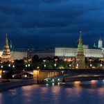 View of the Moscow Kremlin and river at dusk