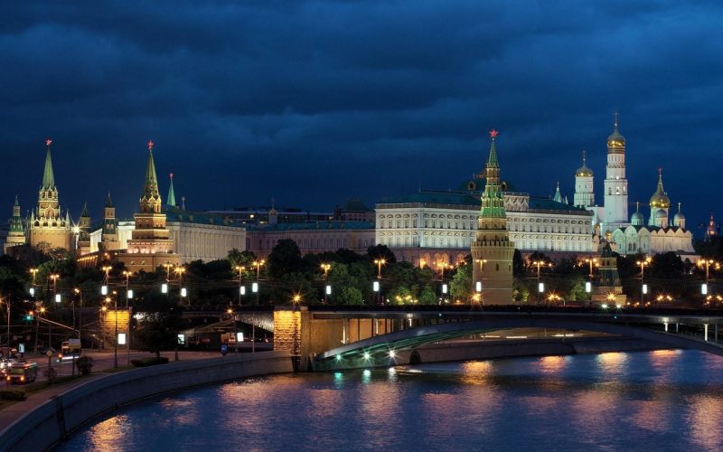 View of the Moscow Kremlin and river at dusk