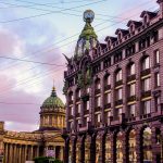 A grand avenue in St. Petersburg lit up at night