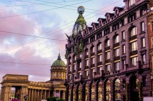 A grand avenue in St. Petersburg lit up at night