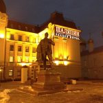 Illuminated central Kazan building at night