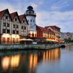 Evening view of central Kaliningrad along the river