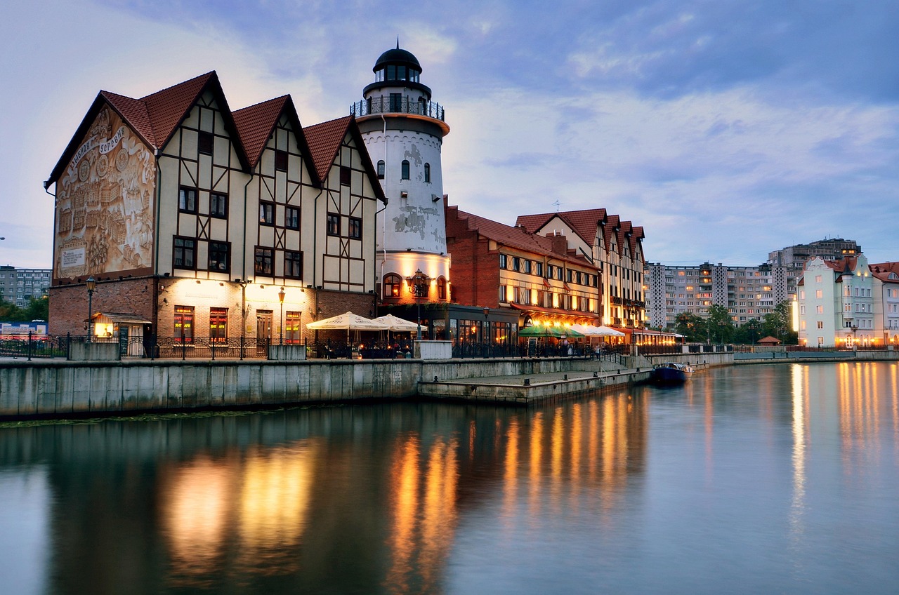 Evening view of central Kaliningrad along the river