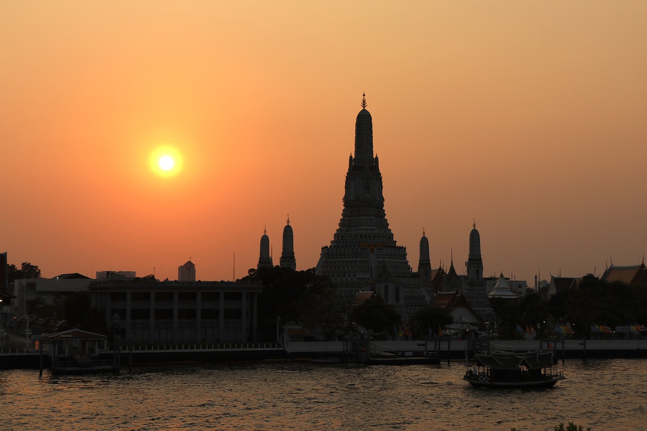 The central spire of Wat Arun, the Temple of Dawn, in Bangkok