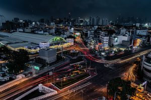 Bangkok city skyline glowing at night