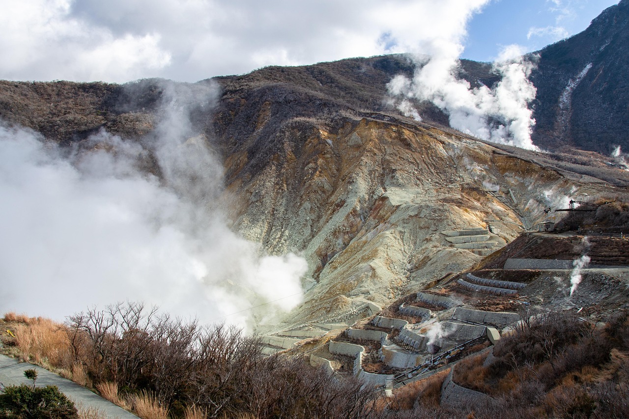 Steam rising from the volcanic vents of Owakudani in Hakone