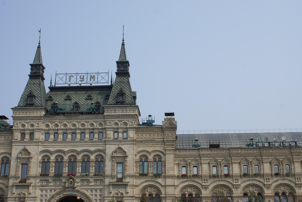 The historic GUM department store facade on Red Square, Moscow