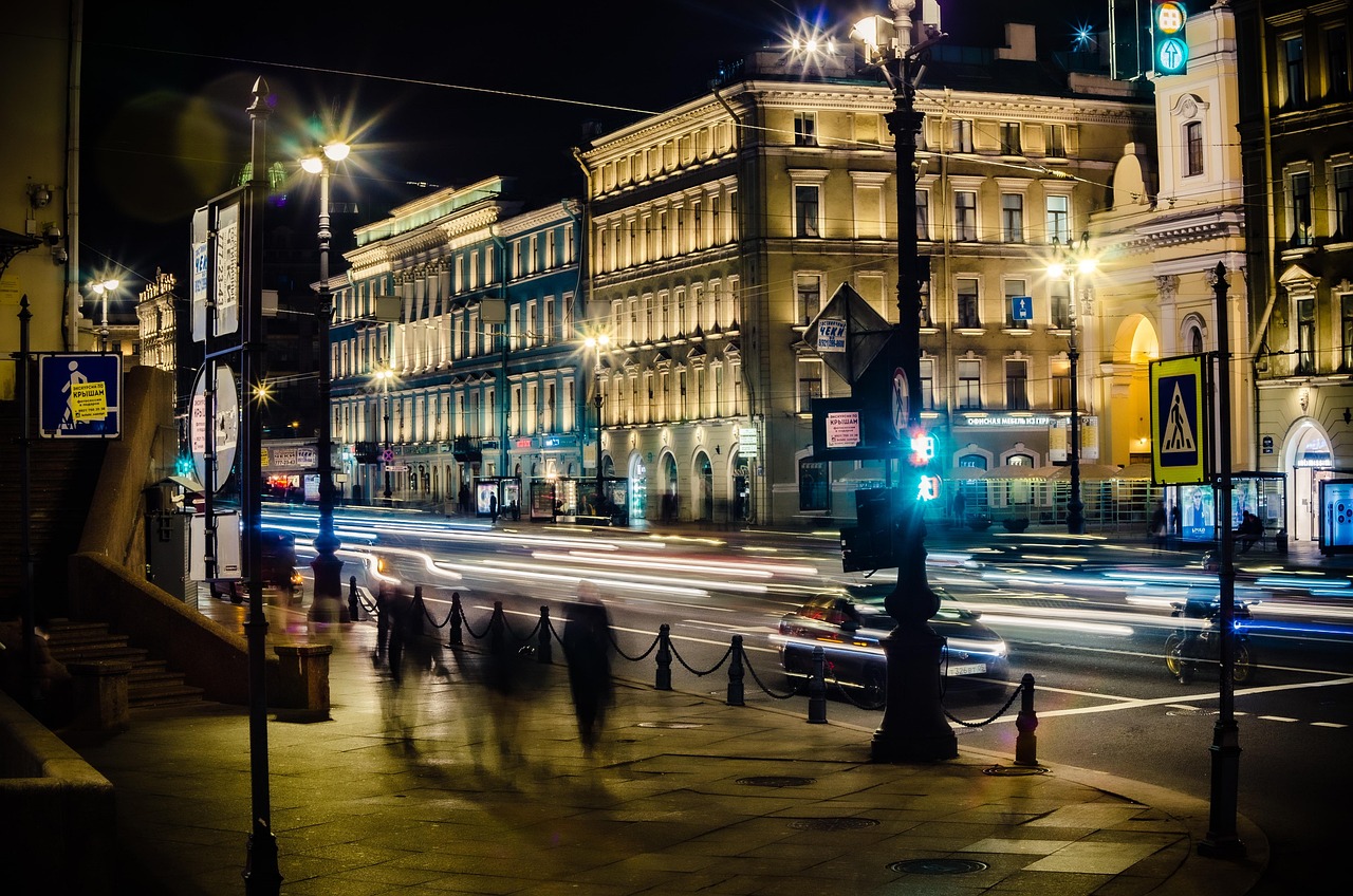 A grand avenue in St. Petersburg lit up at night