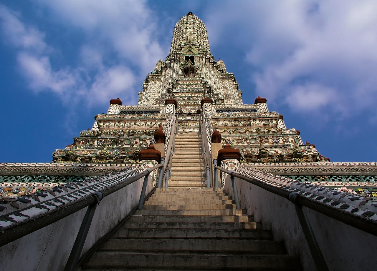 The central spire of Wat Arun, the Temple of Dawn, in Bangkok