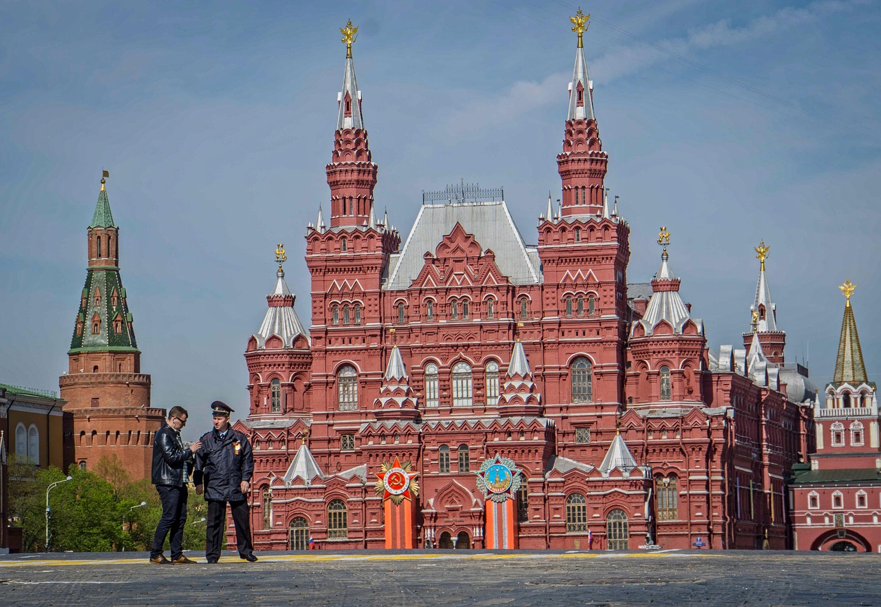 The historic GUM department store facade on Red Square, Moscow