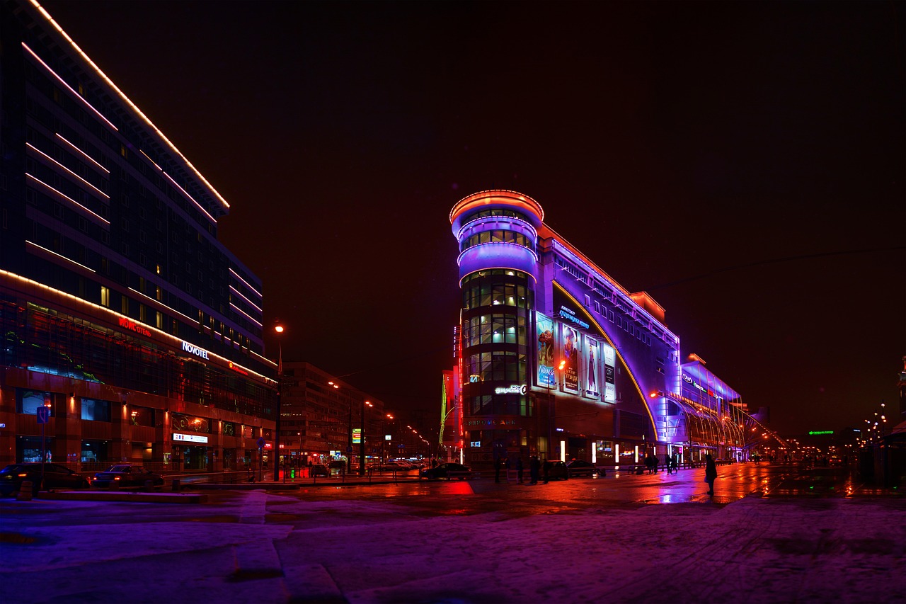 Moscow city skyline and skyscrapers lit up at night