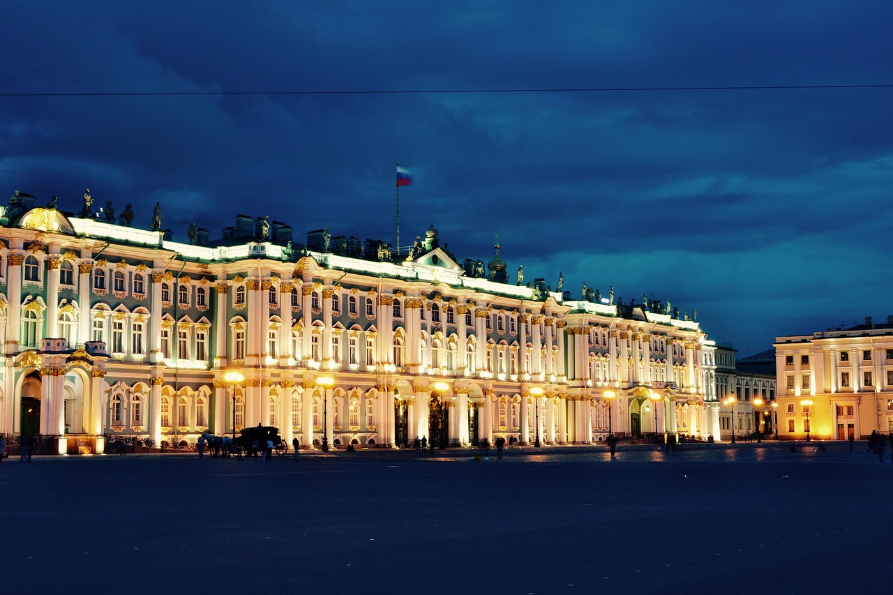 The Winter Palace and Palace Square in St. Petersburg at dusk