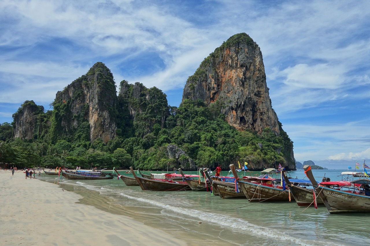 Railay Beach with limestone cliffs in Krabi, Thailand