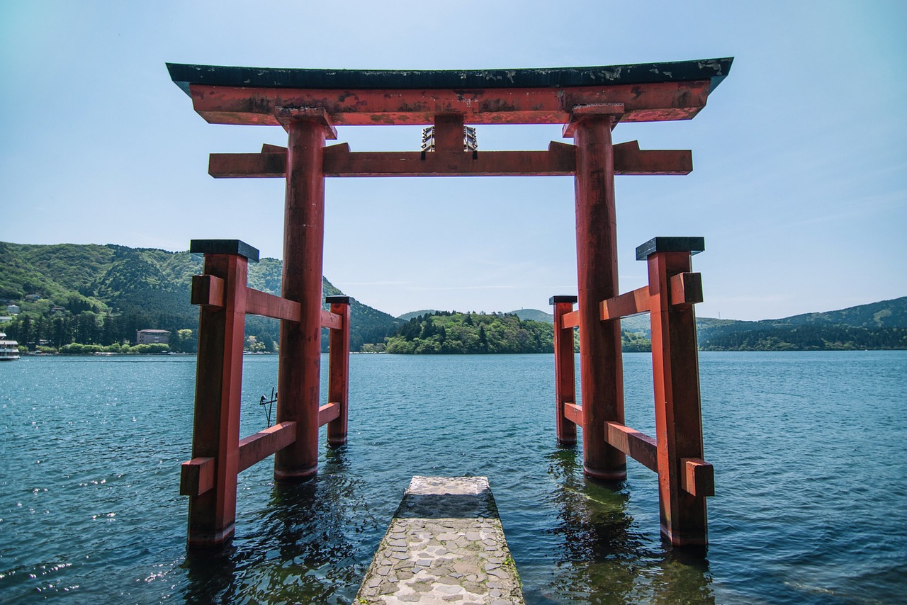 Lake Ashi in Hakone with a sightseeing pirate ship on calm water
