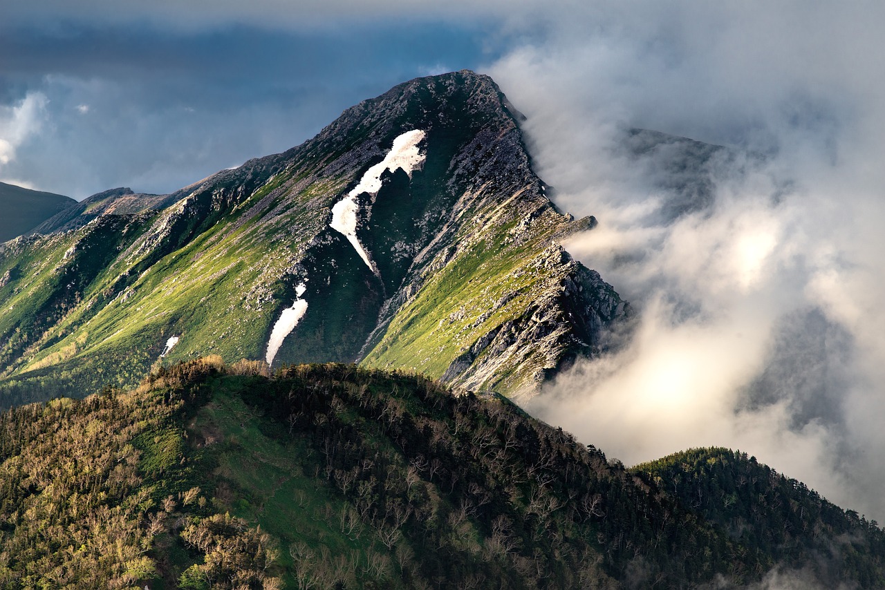Forested mountains in Japan, the kind of wild terrain central to Ainu hunting and gathering life