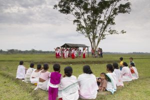 Performers in traditional dress at a Bihu celebration in Assam