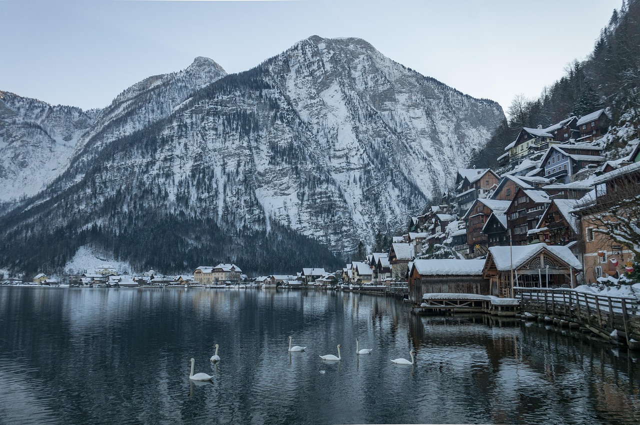 An alpine lake and village framed by snow-capped peaks