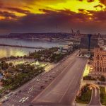 The skyline of Baku, the capital of Azerbaijan, on the shore of the Caspian Sea, a city of oil wealth and modern ambition.