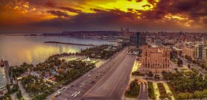 The skyline of Baku, the capital of Azerbaijan, on the shore of the Caspian Sea, a city of oil wealth and modern ambition.