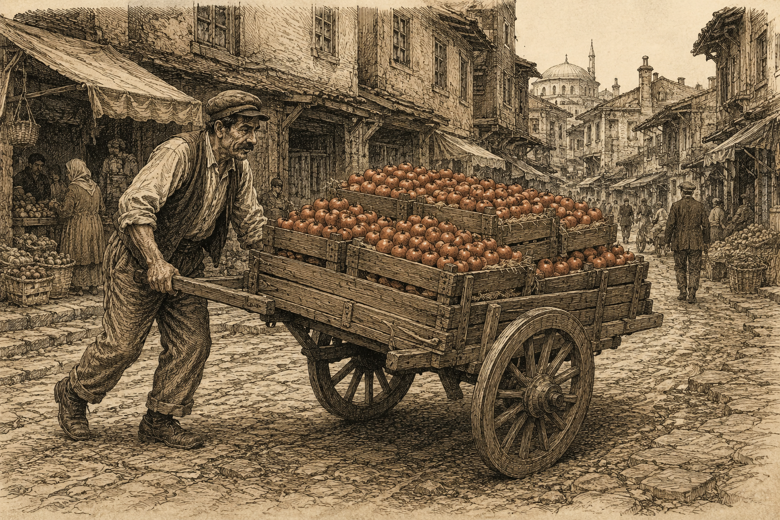 A humble street vendor selling tomatoes from a handcart