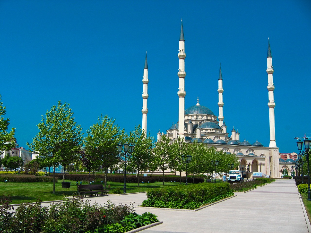 A grand mosque in Chechnya, reflecting the deep Islamic faith that is central to Chechen identity in the North Caucasus.