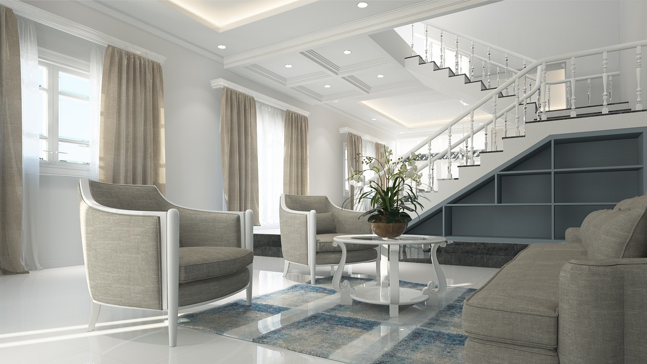 Soft white and beige neutral palette in a compact room