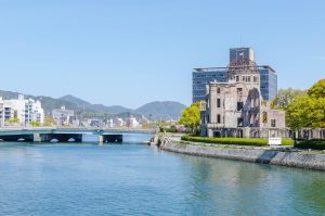 Atomic Bomb Dome reflected in the river in Hiroshima, Japan