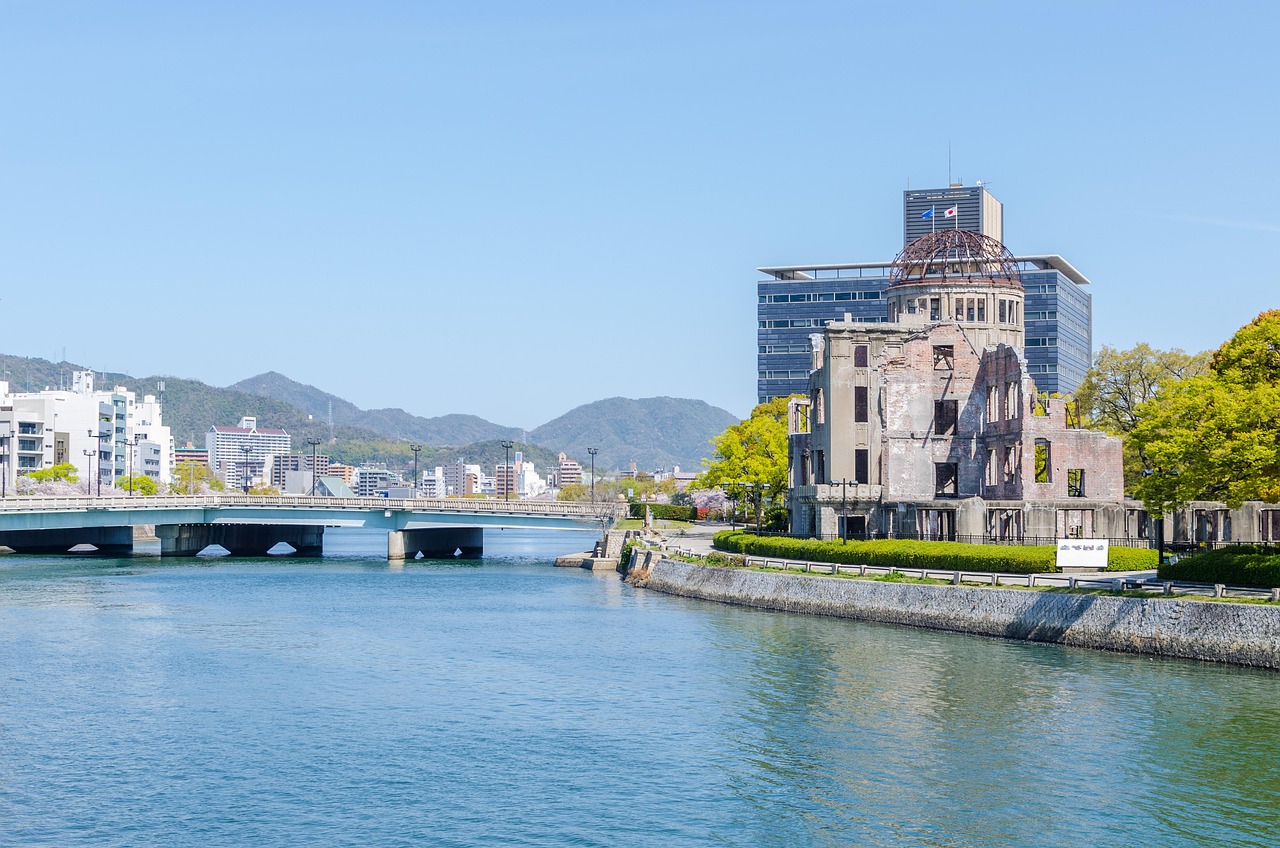 Atomic Bomb Dome reflected in the river in Hiroshima, Japan