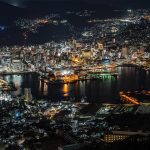Night view over Nagasaki city and harbor, Japan