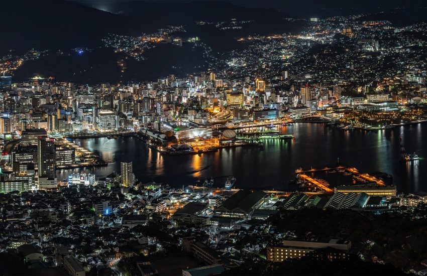Night view over Nagasaki city and harbor, Japan