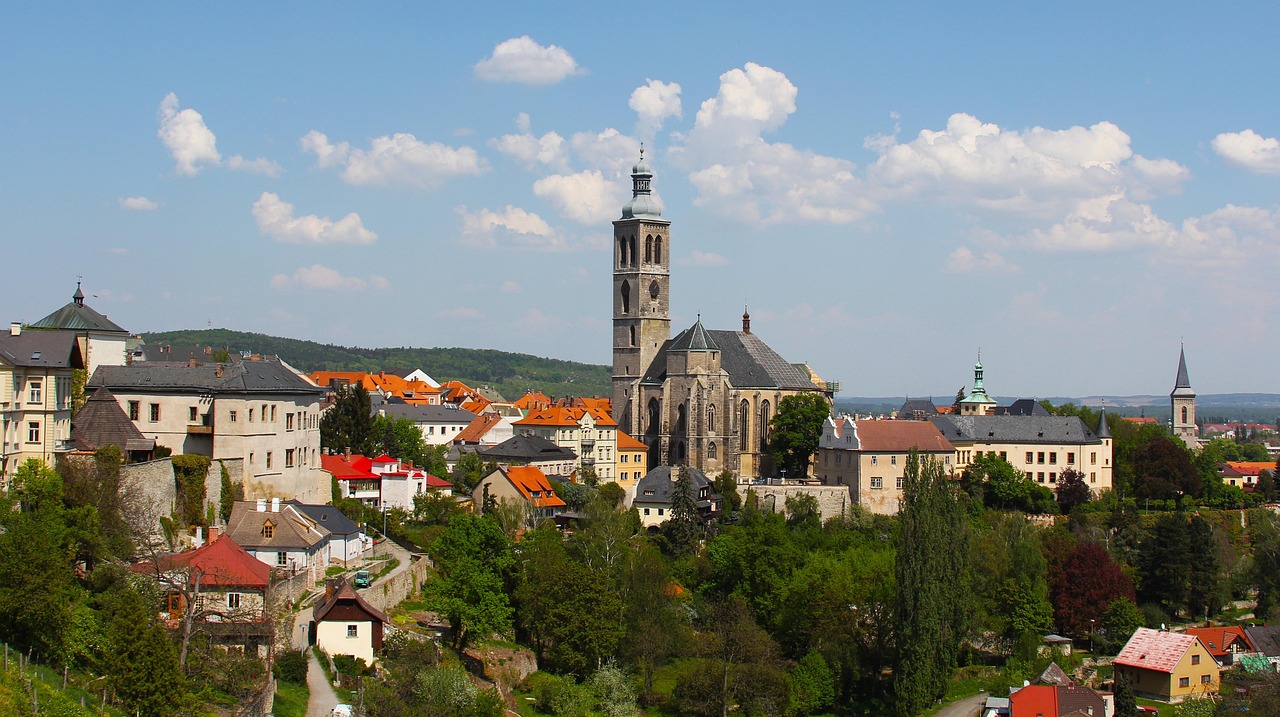 A historic church tower in a Bohemian town