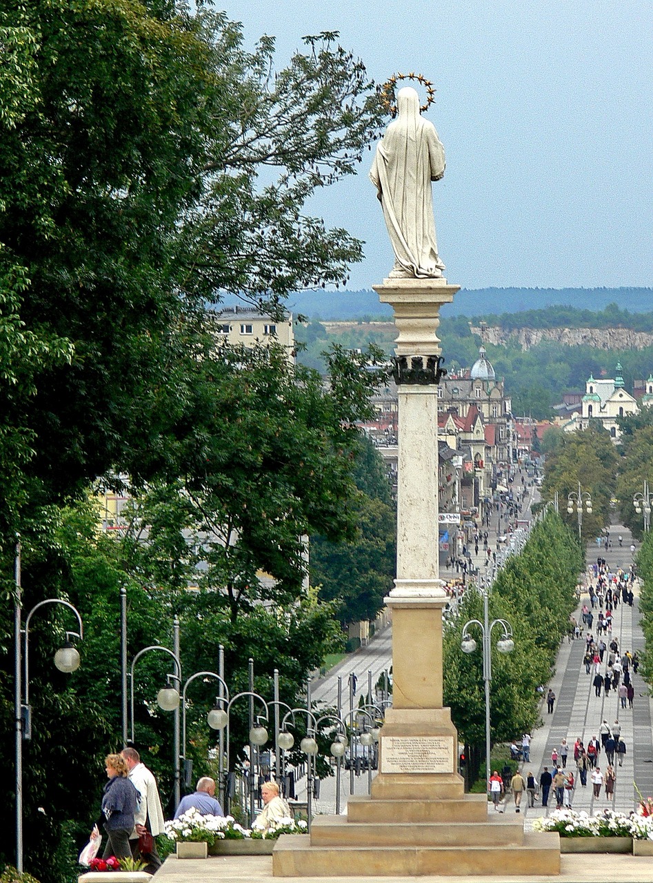 The Marian column at Jasna Gora overlooking the pilgrim avenue in Czestochowa