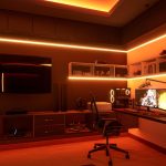 Developer home office with ambient lighting and screens
