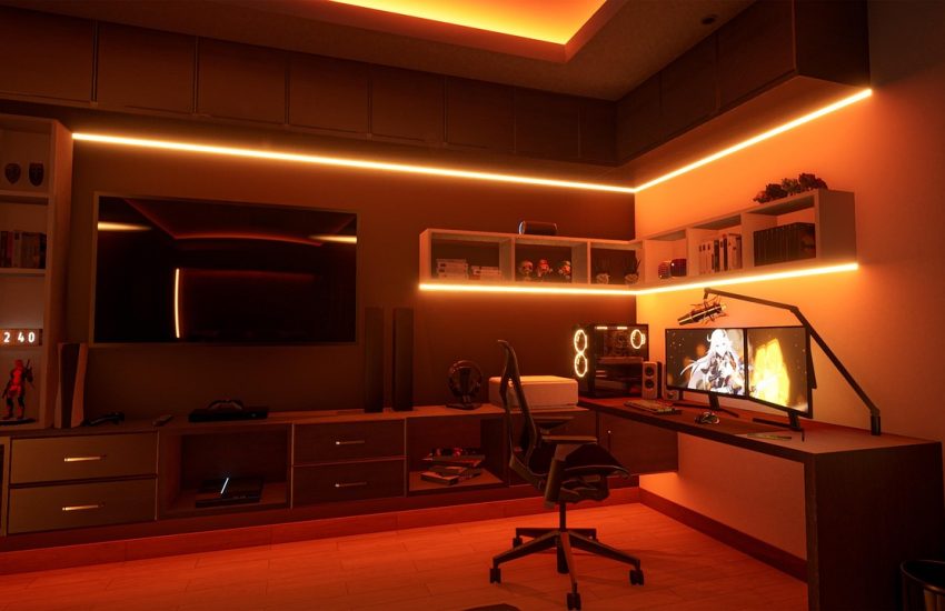 Developer home office with ambient lighting and screens