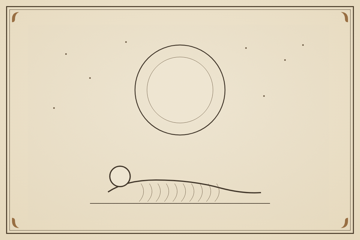 An engraving-style figure resting in stillness beneath a full moon and stars