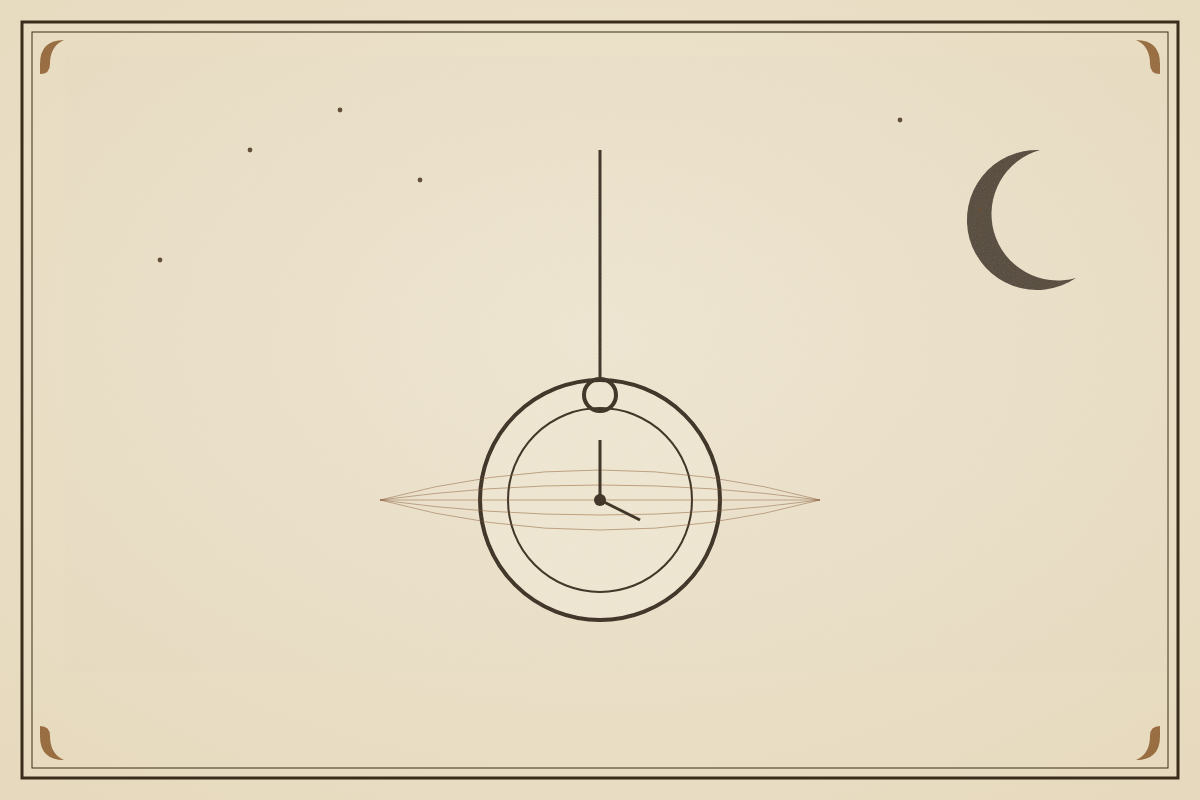 An engraving-style hypnotist's pendulum watch swinging beneath a crescent moon