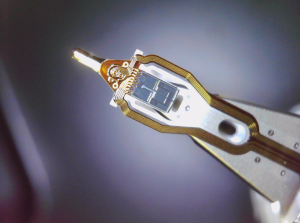 The read-write head that floats over a hard drive platter