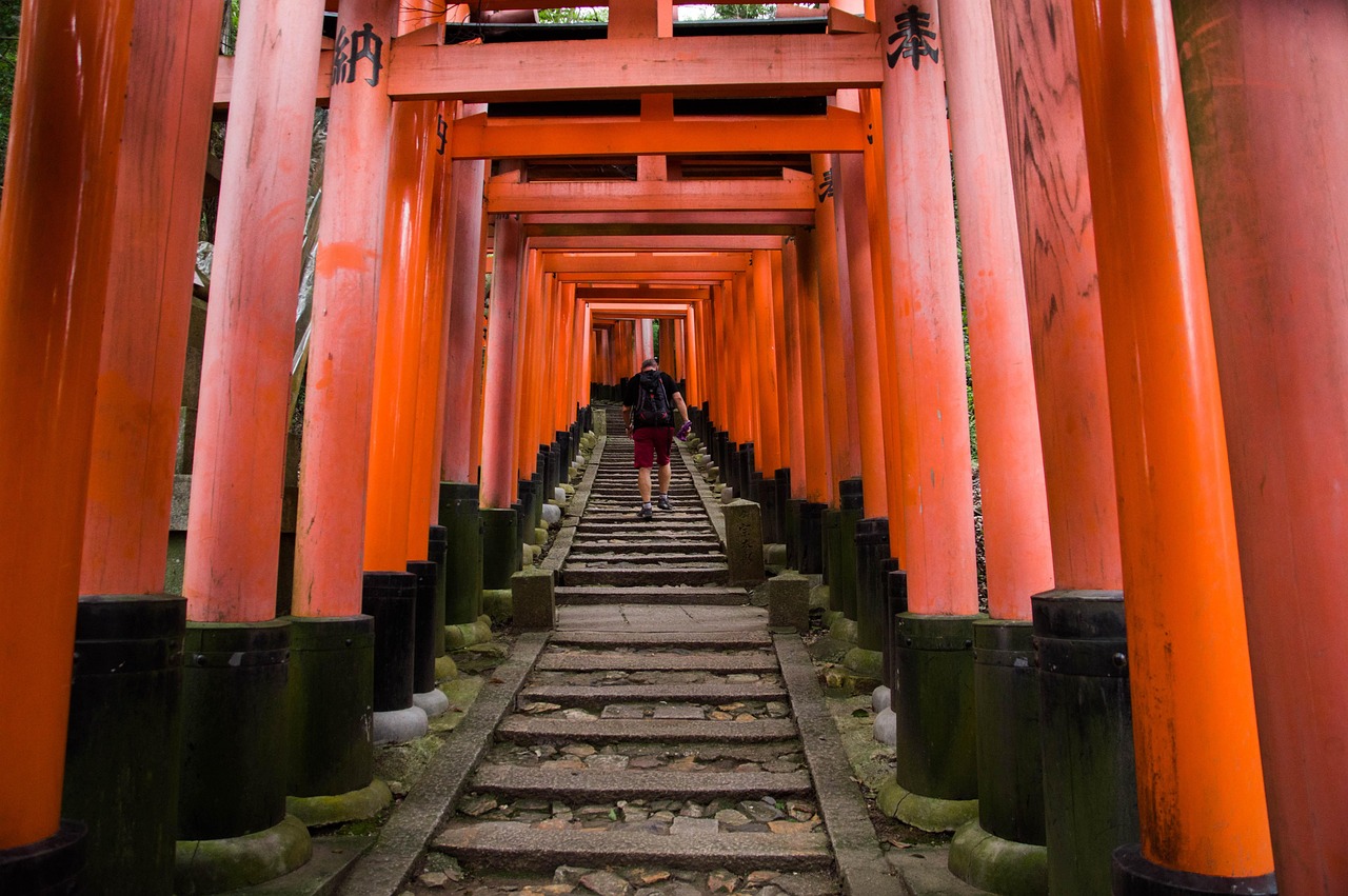 Stone steps leading up through torii gates at Fushimi Inari