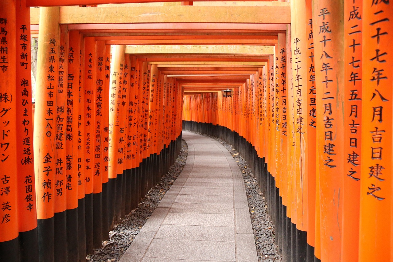 Winding path lined with orange torii gates