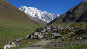 A mountain village in Georgia with its medieval stone towers, a landscape unique to the Georgian highlands.