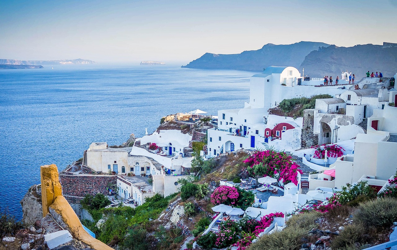The white houses and blue domes of Santorini in the Greek islands