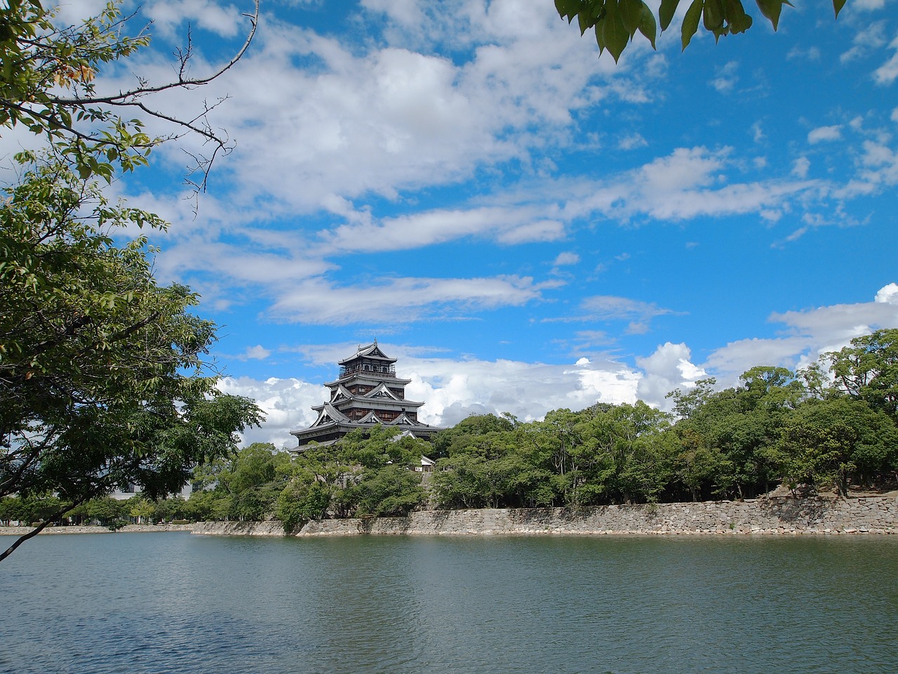 Hiroshima Castle keep with surrounding moat in Hiroshima, Japan