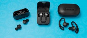 A pair of true wireless earbuds