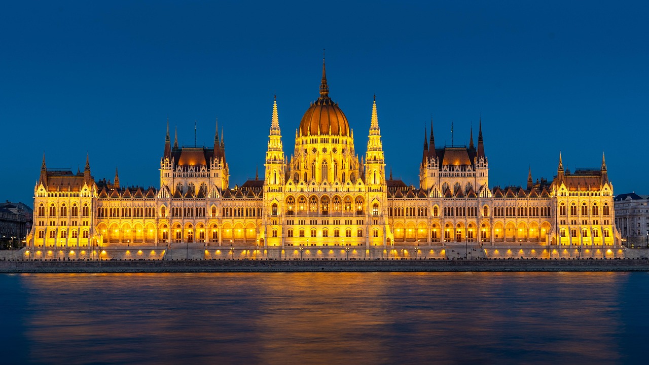 Budapest lit up at night along the Danube